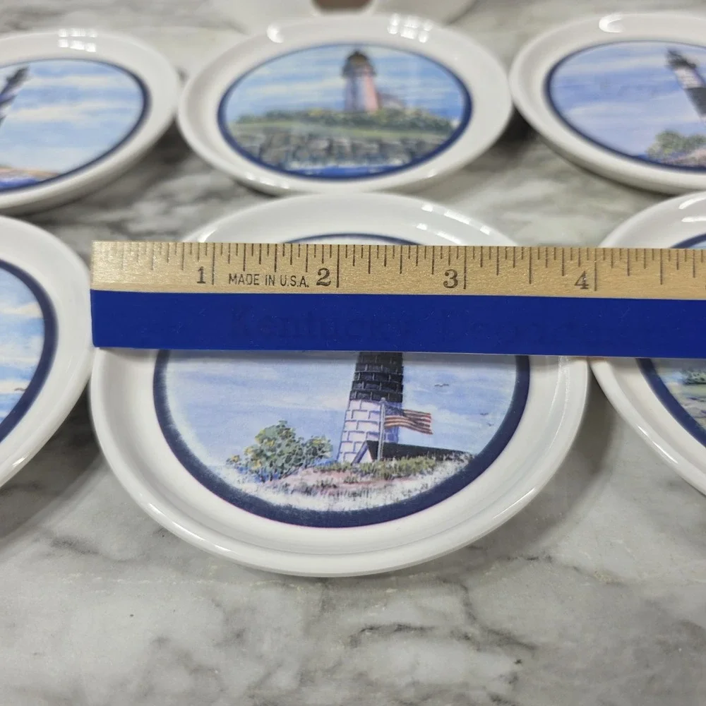 Vintage Lighthouse Coaster Set Of  6 With Holder White Plastic In EUC